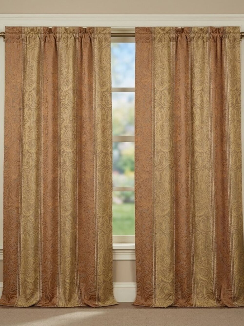 Pair of JC PENNEY Curtain Panels 40x83 Gold Damask Stripe Rod Pocket Drapes Vtg